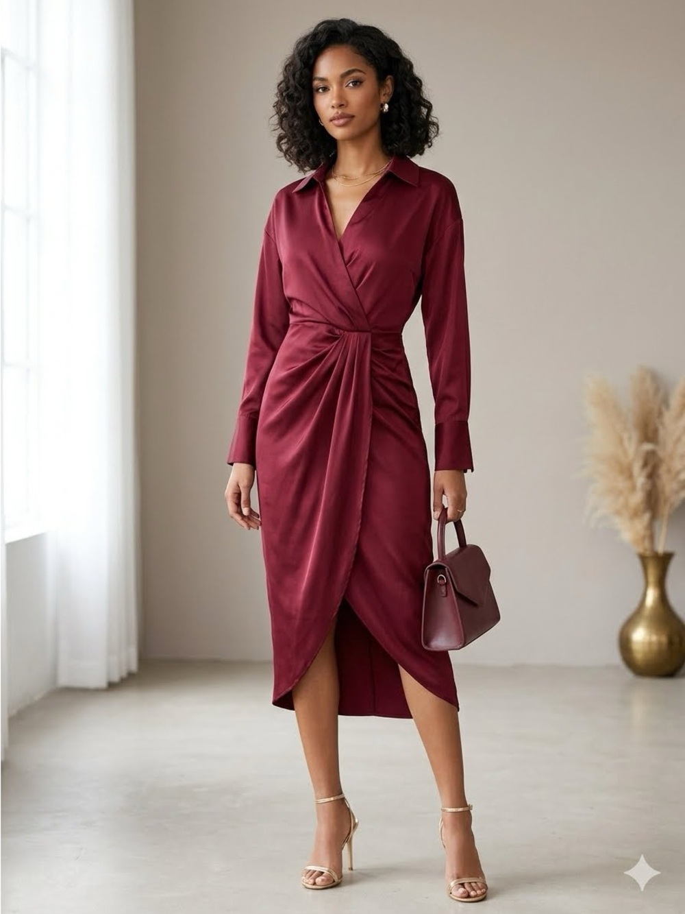 Vici Burgundy Satin Twist-Waist Midi Dress Size Xs - Picture 1 of 16